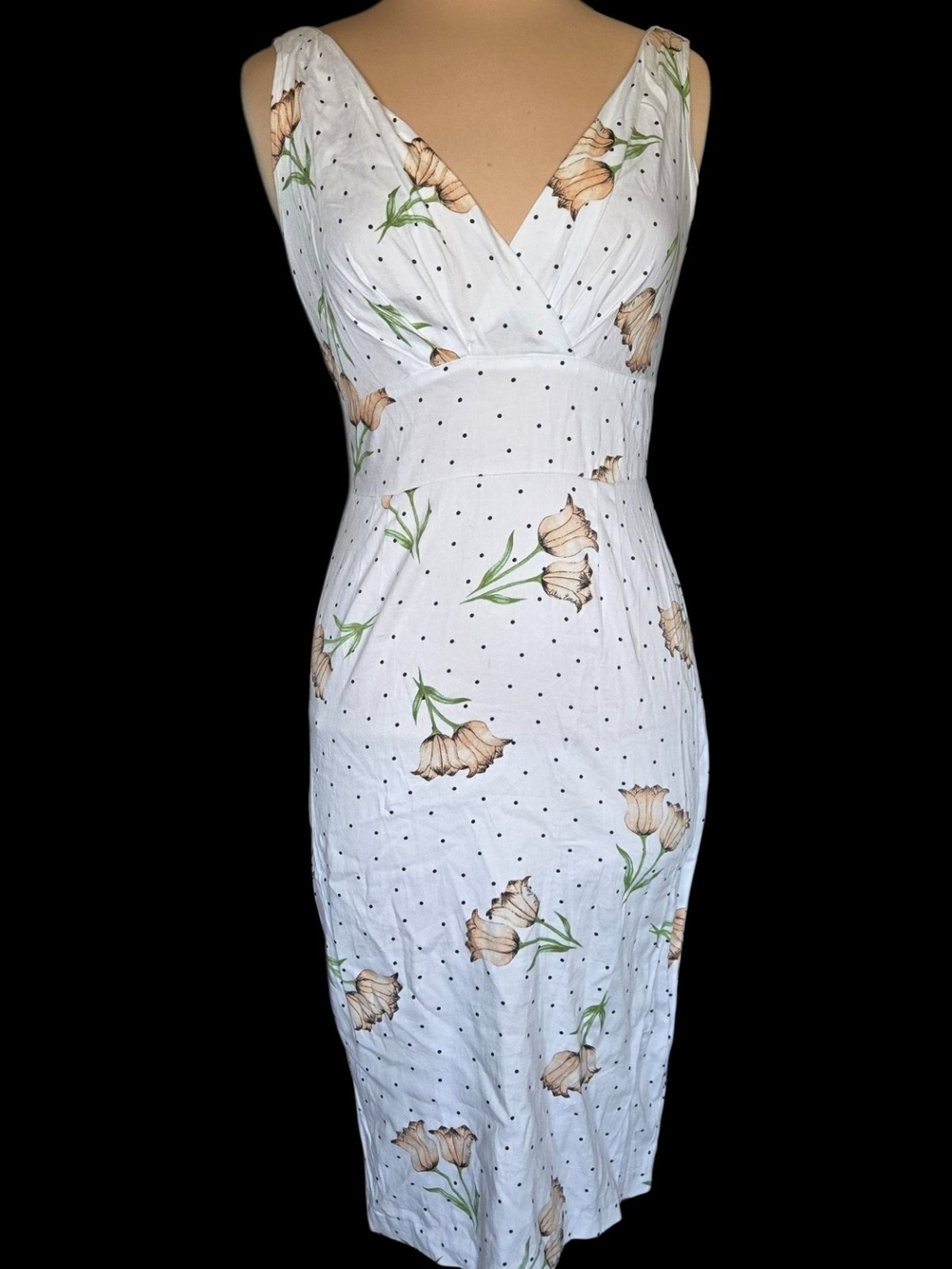 Y2K Stop Staring White Floral Polka Dot Pencil Dress Sz M